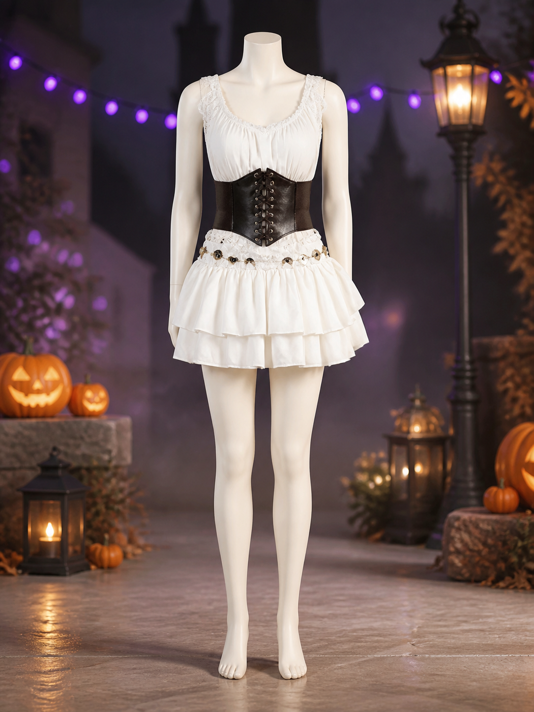Pirate Costume Set for Adults, White Ruffle Skirt, Black Waist Cincher & Red Costumes detail 2