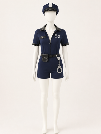 Women's Navy Police Costume Jumpsuit Set with Hat, Belt, Pouch and Handcuffs Costume Headwear detail 2