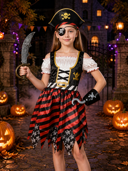 Kids Pirate Costume Set - Dress with Hat, Sword, Eyepatch and Hook Halloween Costume Dresses detail 2