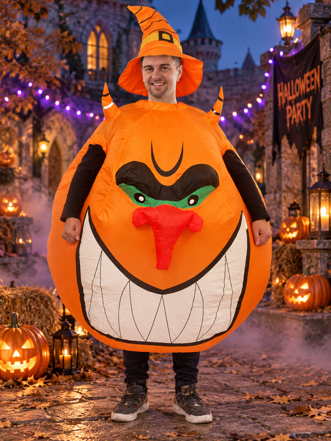 Inflatable Pumpkin Costume with Orange Hat and Fan