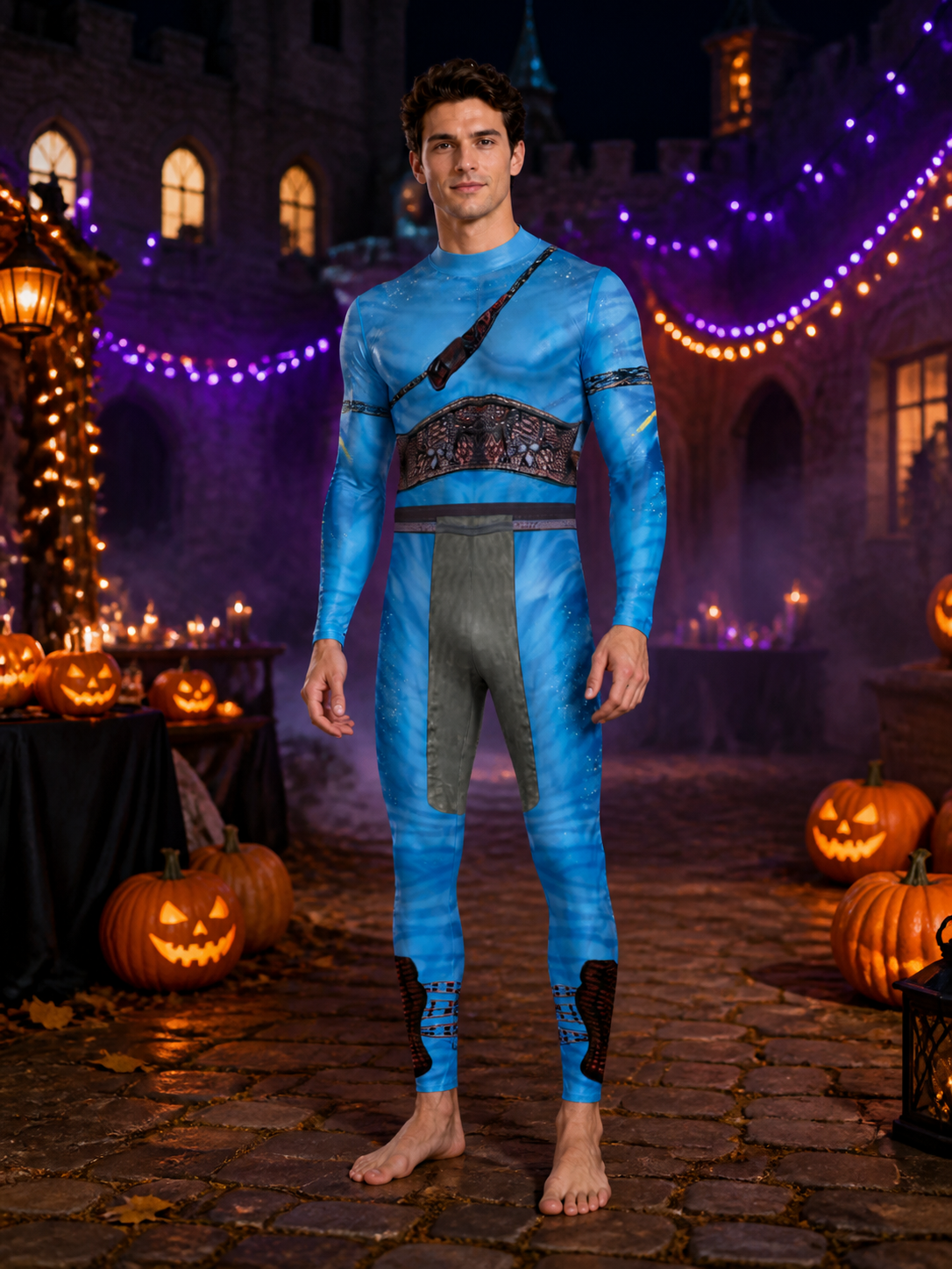 Blue Alien Armored Bodysuit Costume, High Collar Printed Halloween Outfit Costumes detail 2