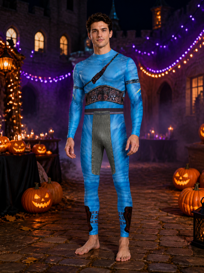 Blue Alien Armored Bodysuit Costume, High Collar Printed Halloween Outfit Costumes detail 2
