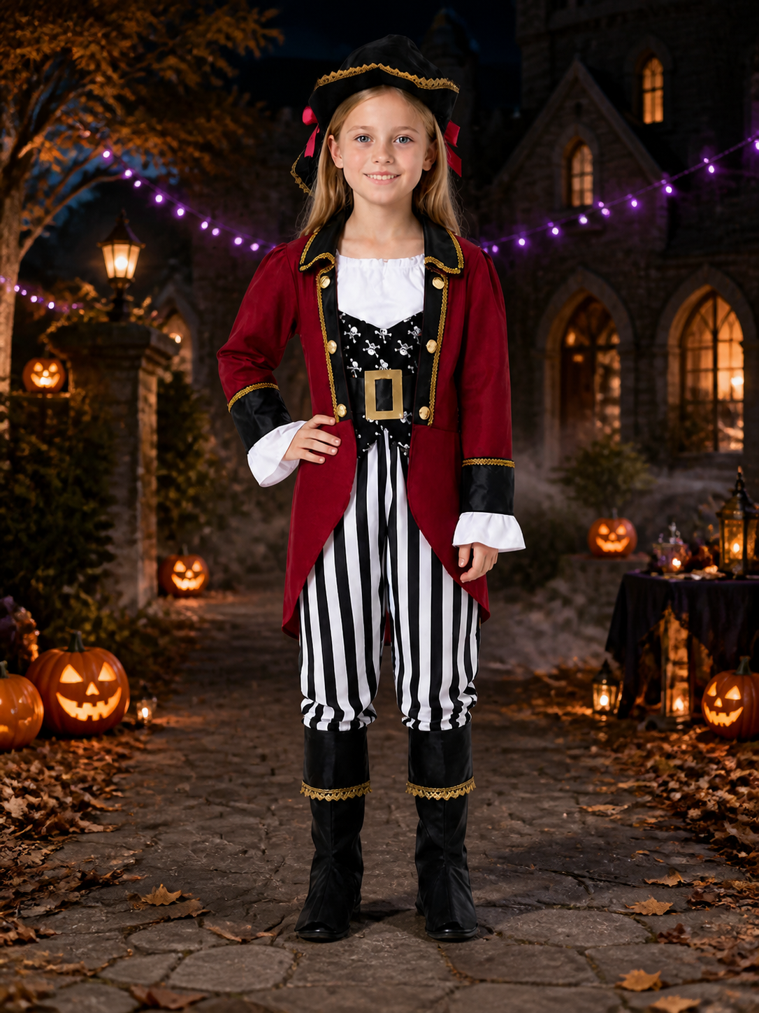 Kids Pirate Costume Set - Burgundy Coat with Gold Trim, Skull Print & Pirate Hat Costume Headwear detail 2