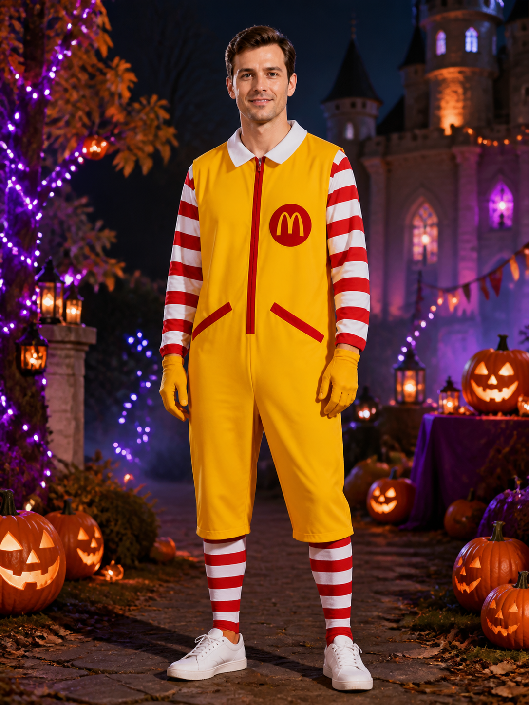 Clown Circus Costume Set, Red White Striped Top, Yellow Jumpsuit and Gloves