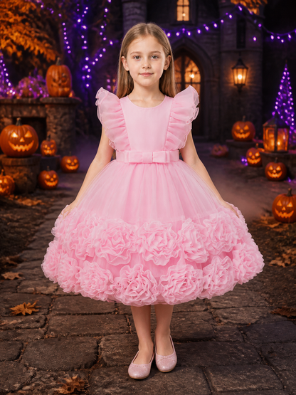 Toddler Girls' Pink Princess Party Dress With Puff Sleeves, Bow And Layered Costume Dresses detail 2