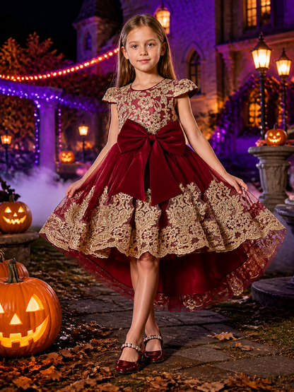 Girls' Maroon Princess Dress with Gold Lace Embroidery, Bow and High-Low Train Costume Dresses detail 2