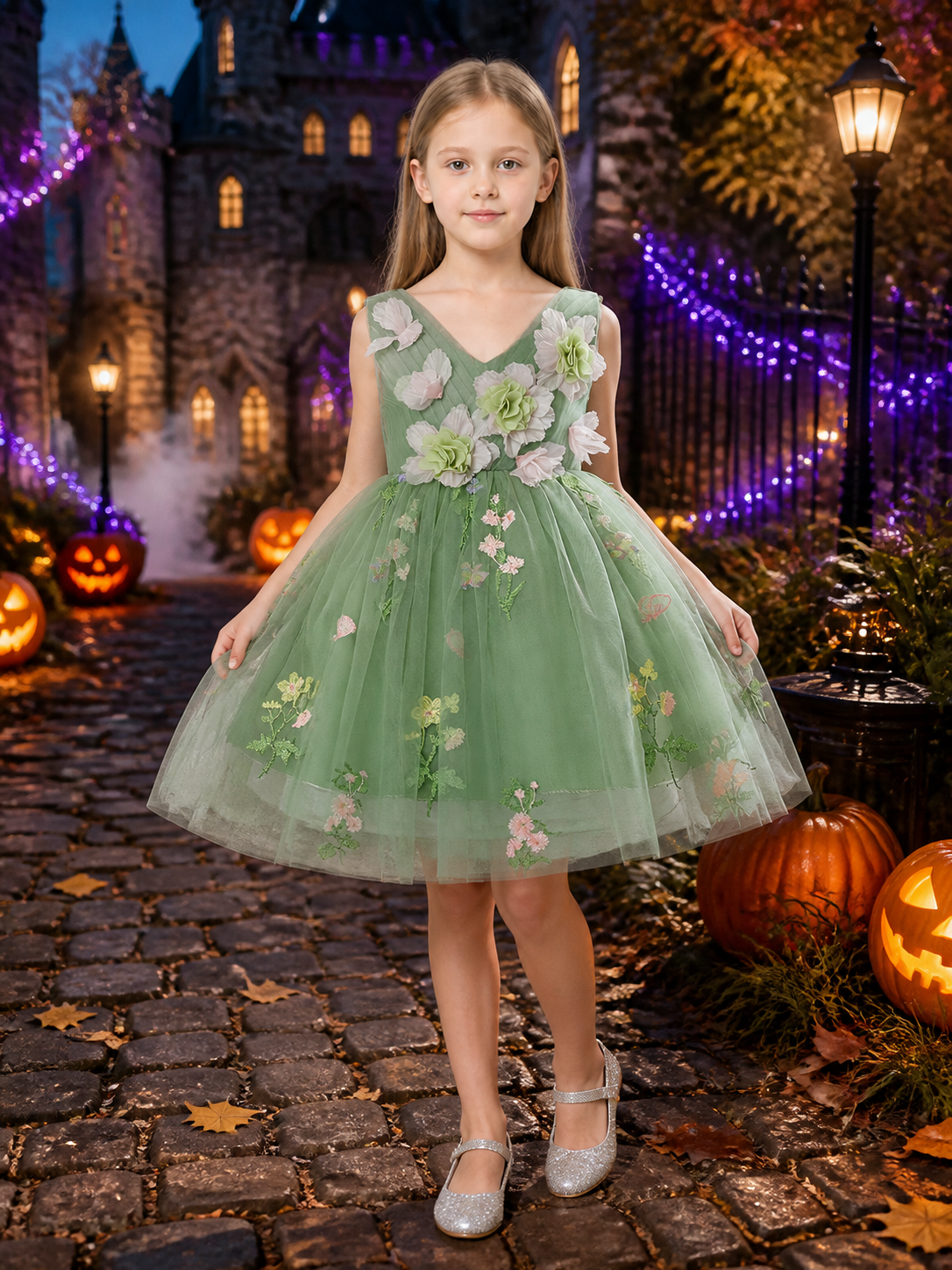 Toddler Girls' Princess Dress, Sleeveless Green Tulle Puff Skirt With Floral