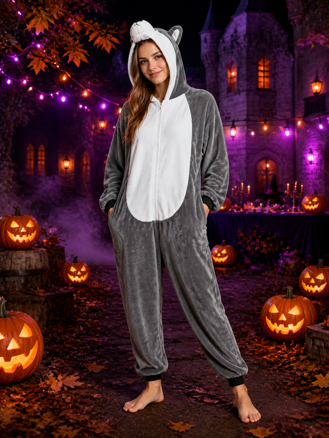 Gray Husky Animal Onesie Costume, Hooded Zippered Cartoon Jumpsuit Costumes detail 2