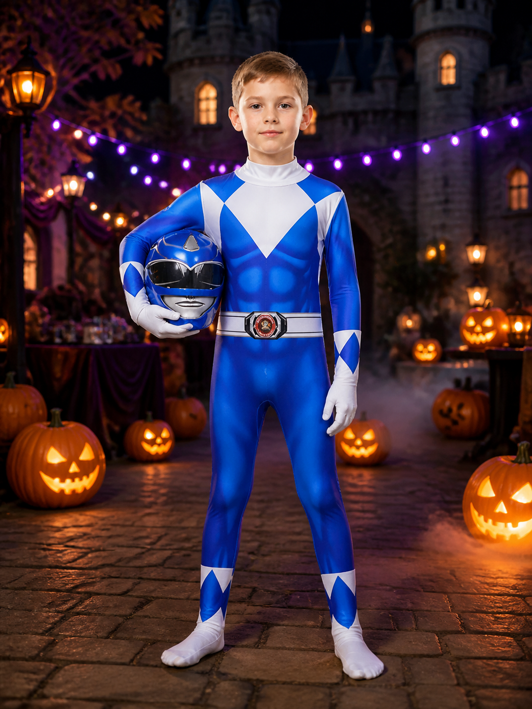 Dinosaur Ranger Full Body Onesie, Blue White Geometric Print Hooded Halloween on-model Halloween scene view