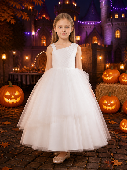 Girls' White One-Shoulder Tulle Princess Dress, Sleeveless Formal Gown Costume Dresses detail 2
