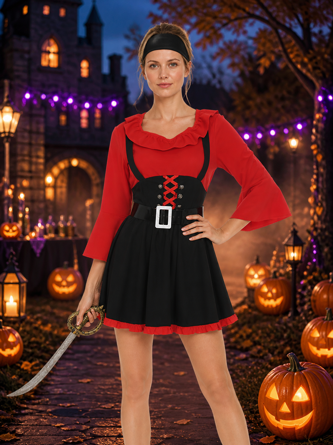 Red and Black Pirate Costume for Women for Halloween Costumes detail 2