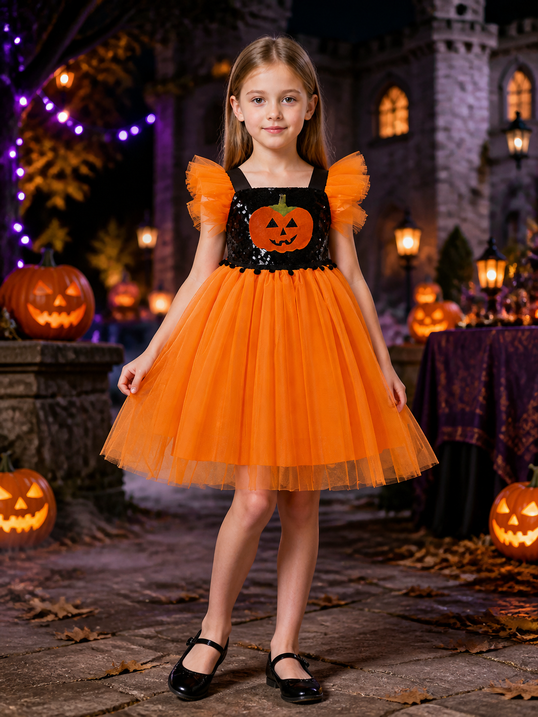 Girls' Pumpkin Halloween Princess Costume Dress, Sequined Bodice And Layered Costume Dresses detail 2