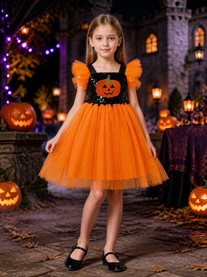 Girls' Pumpkin Halloween Princess Costume Dress, Sequined Bodice And Layered Costume Dresses detail 2