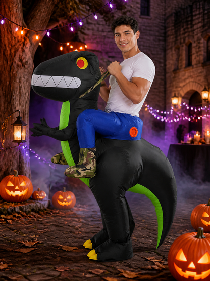Black Green Inflatable Dinosaur Costume, Funny Blow Up T-Rex Suit with Long Costumes detail 2