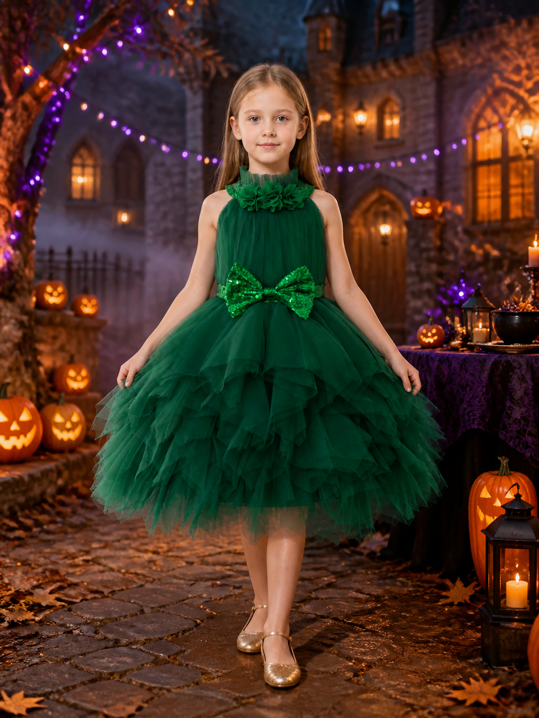 Girls' Christmas Princess Dress, Dark Green Sequined Bow, Layered Tulle Skirt Costume Dresses detail 2