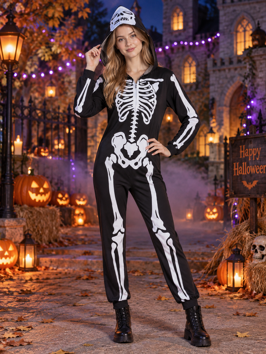 Black and White Skeleton Costume with Hood
