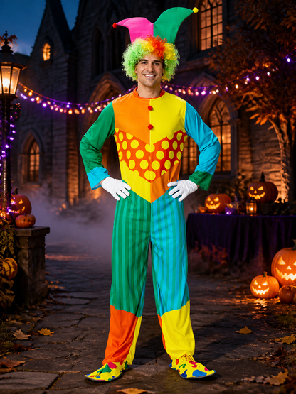 Adult Unisex Clown Jumpsuit Costume with Hat, Multicolor Striped Polka Dot Costume Headwear detail 2