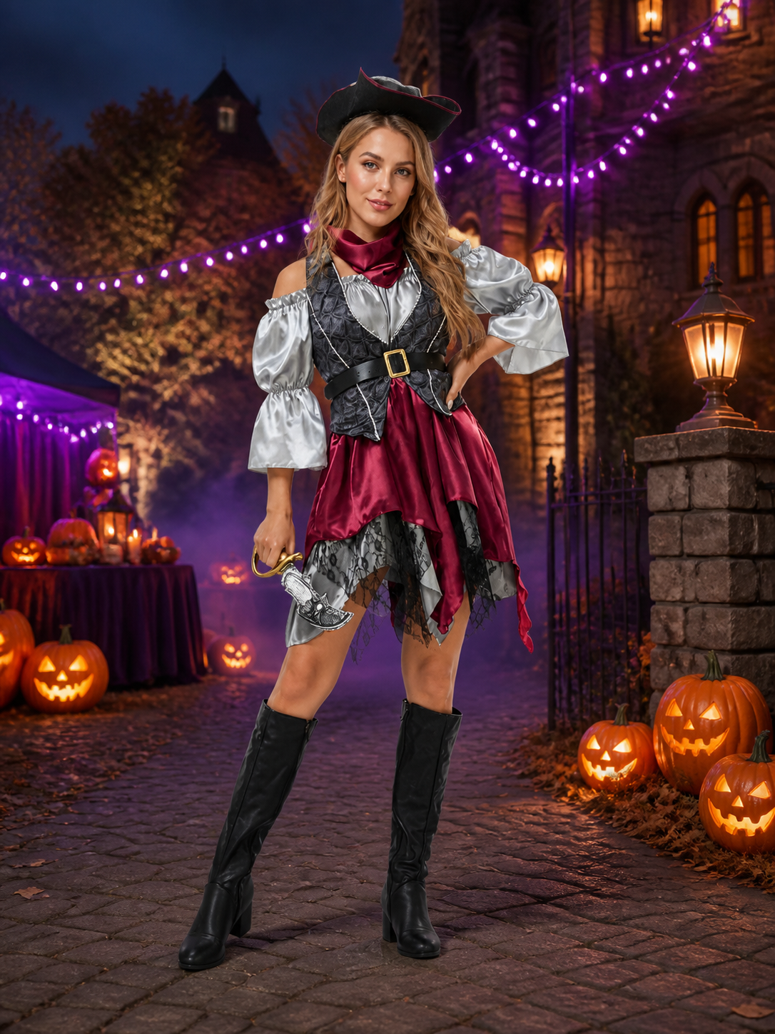 Women's Pirate Costume Set with Asymmetric Skirt, Lace Trim & Tricorn Hat Costume Headwear detail 2