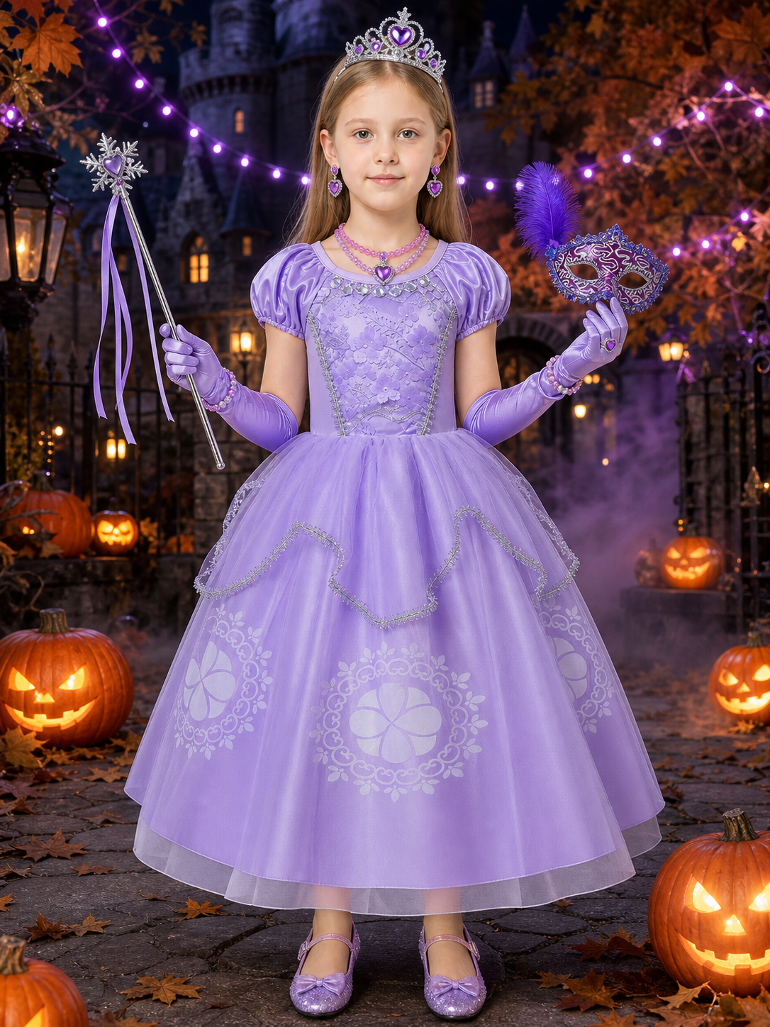 Girls' Purple Princess Costume Set With Sparkle Dress, Tiara, Mask & Gloves Costume Dresses detail 2