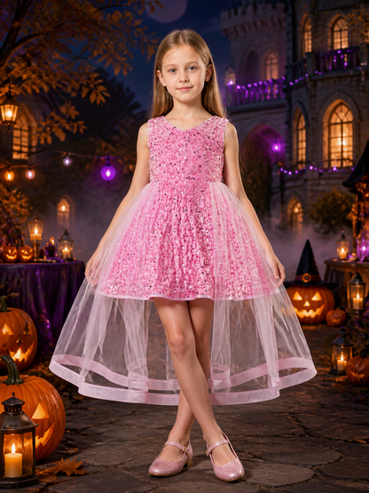 Girls' Pink Sequined Tulle Train Princess Dress, Sleeveless Flower Girl Gown Costume Dresses detail 2
