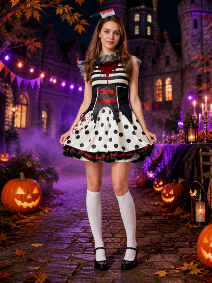 Adult Clown Costume Dress, Black White Striped Ruffle Gown with Blood Print Costume Dresses detail 2