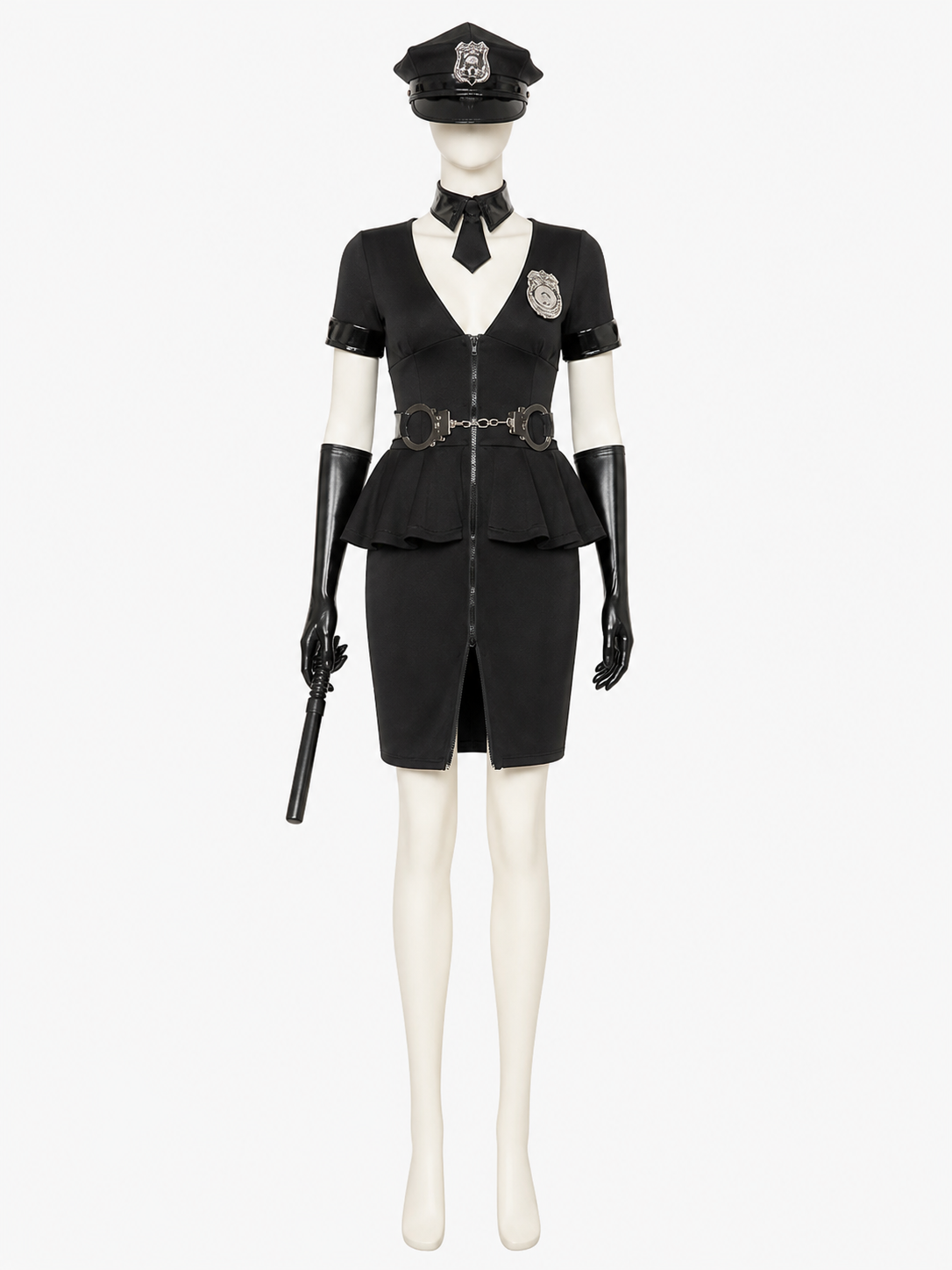Women's Black Police Officer Halloween Costume Set with Hat, Gloves, and Costume Headwear detail 2