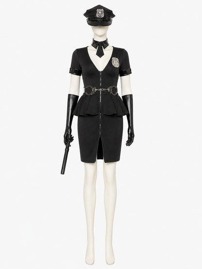 Women's Black Police Officer Halloween Costume Set with Hat, Gloves, and Costume Headwear detail 2