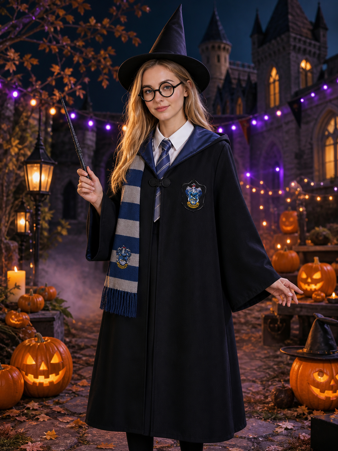 Unisex Hooded Wizard Halloween Costume Set with Scarf, Glasses, Wand & Hat Costume Headwear detail 2