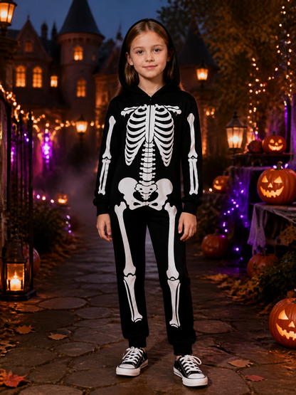 Glow In The Dark Skeleton Bodysuit Costume, Fluorescent Green Bones, Hooded Full Costumes detail 2