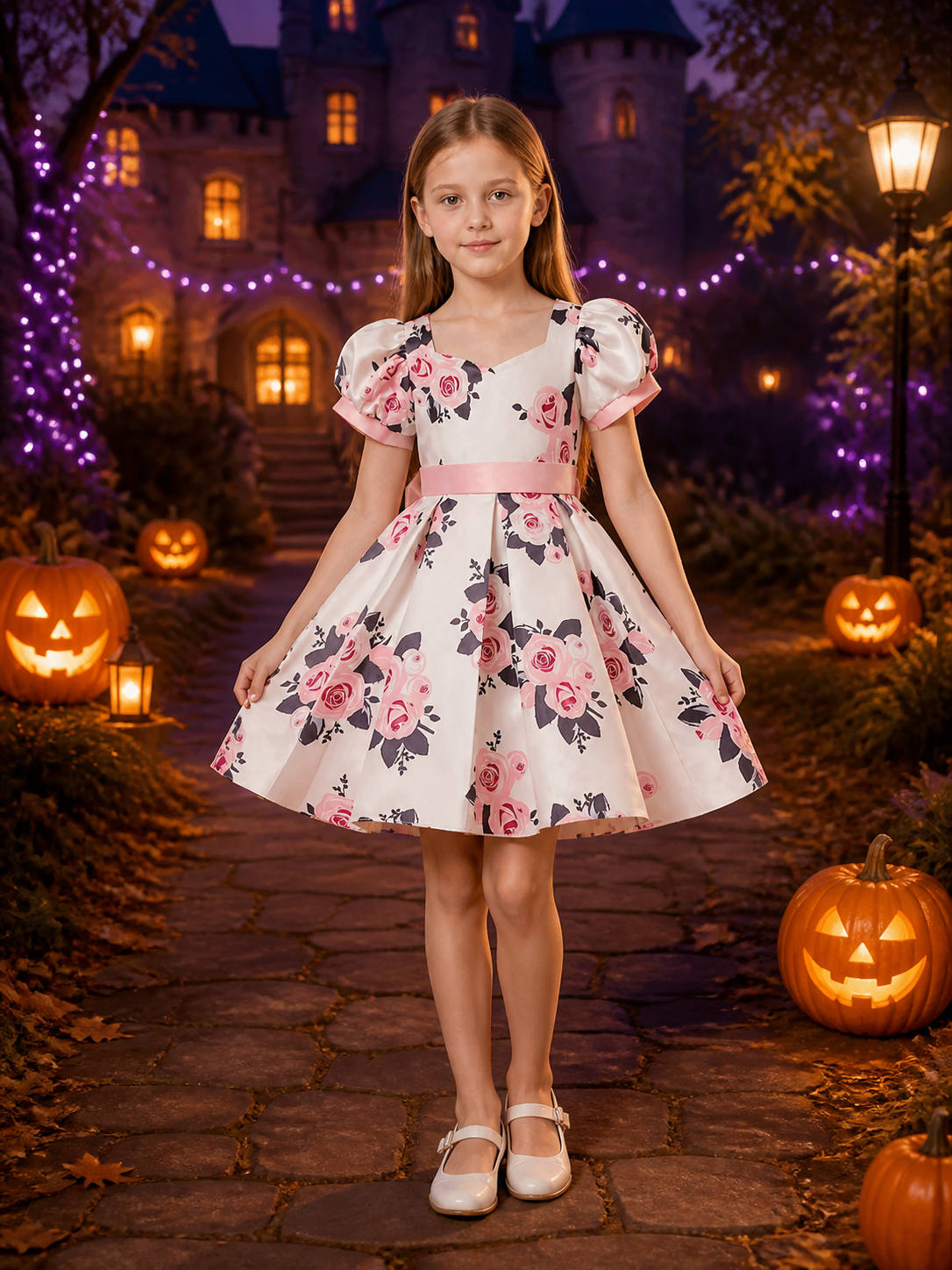 Girls' Princess Dress, White Floral Gown with Puff Sleeves and Pink Waist Belt Costume Dresses detail 2