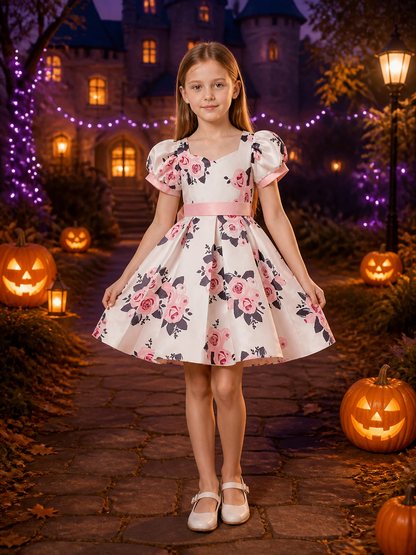 Girls' Princess Dress, White Floral Gown with Puff Sleeves and Pink Waist Belt Costume Dresses detail 2