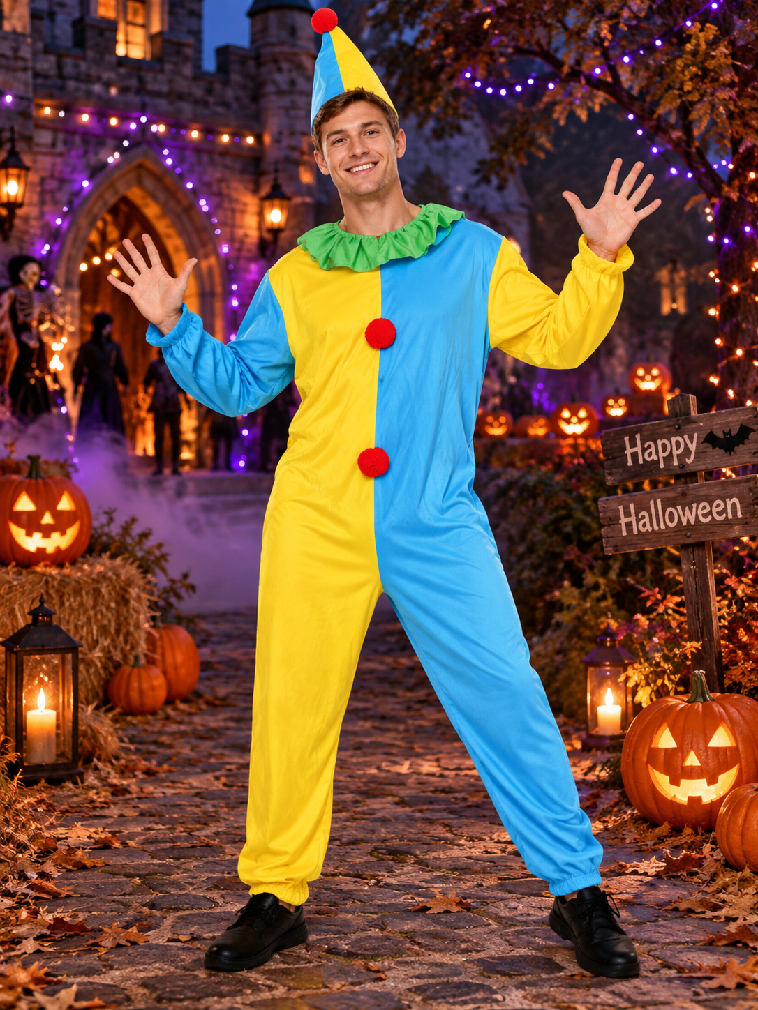 Kids' Clown Costume Blue and Yellow with Hat