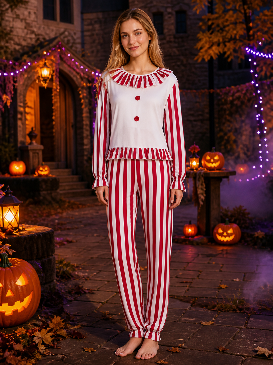 Red White Striped Clown Costume Set with Ruffle Collar and Cuffs on-model Halloween scene view