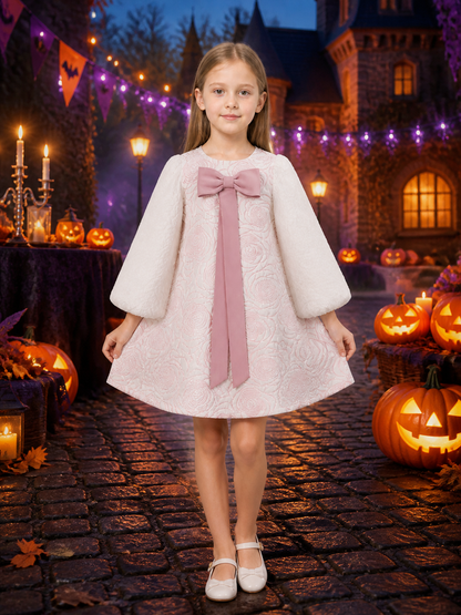 Girls' White Princess Dress with Pink Bow, Long Sleeve Rose Textured Toddler Costume Dresses detail 2