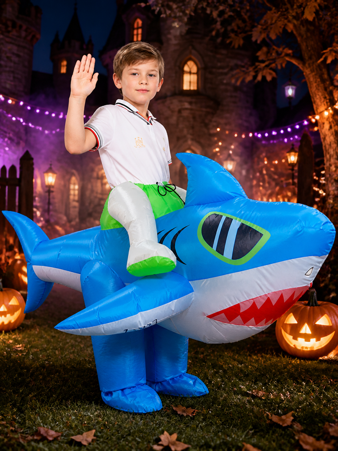 Adult Shark Inflatable Costume, Funny Blue Shark Jumpsuit with Fins and Teeth Costumes detail 2