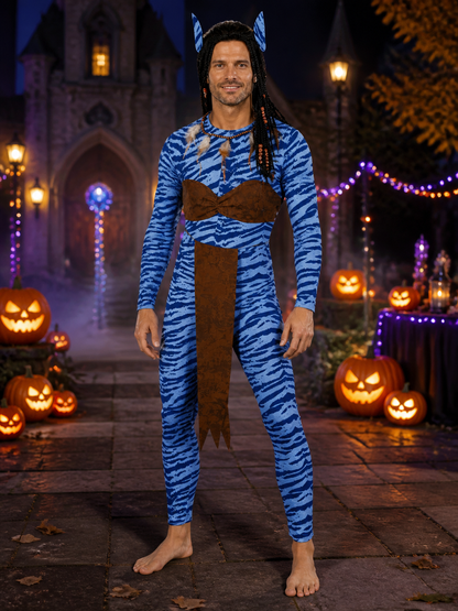 Unisex Avatar Style Blue Tiger Stripe Bodysuit Costume Set with Irregular Hem Costumes detail 2