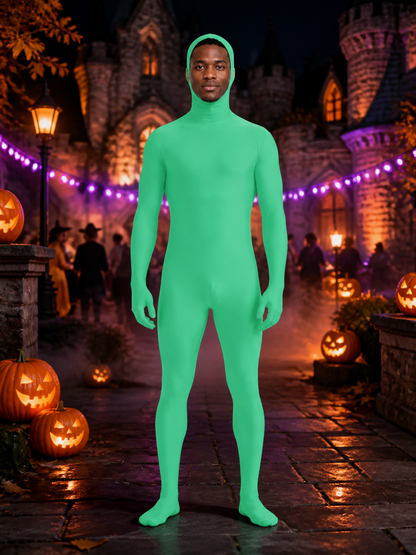 Kids Fluorescent Green Zentai Jumpsuit Costume, Hooded Full-Body Halloween Costumes detail 2