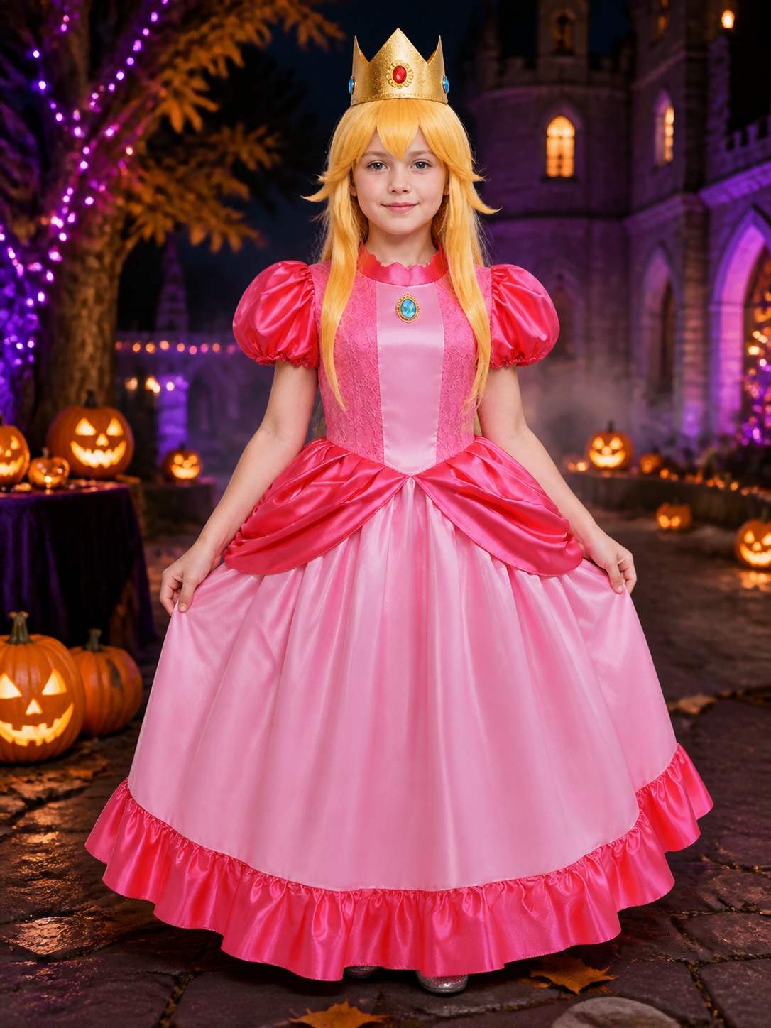 Kids Girls Pink Princess Costume Dress with Crown & Wig, Lace Ball Gown for