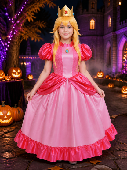 Kids Girls Pink Princess Costume Dress with Crown & Wig, Lace Ball Gown for