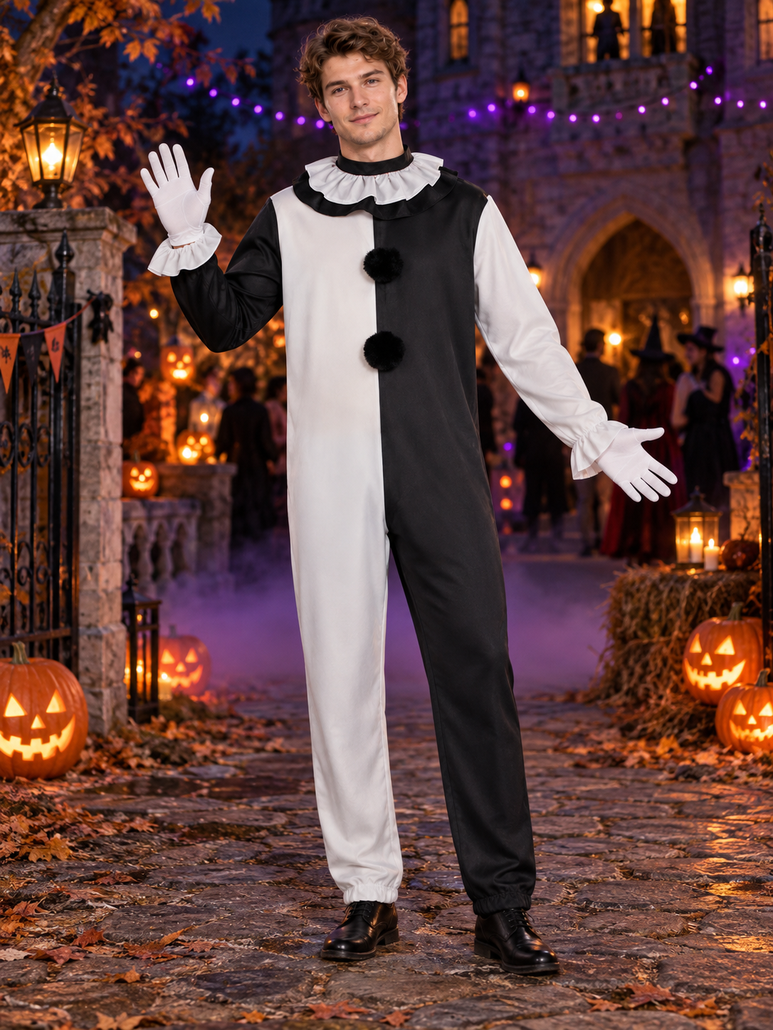 Clown Costume Black and White Jumpsuit with Ruffles and Gloves