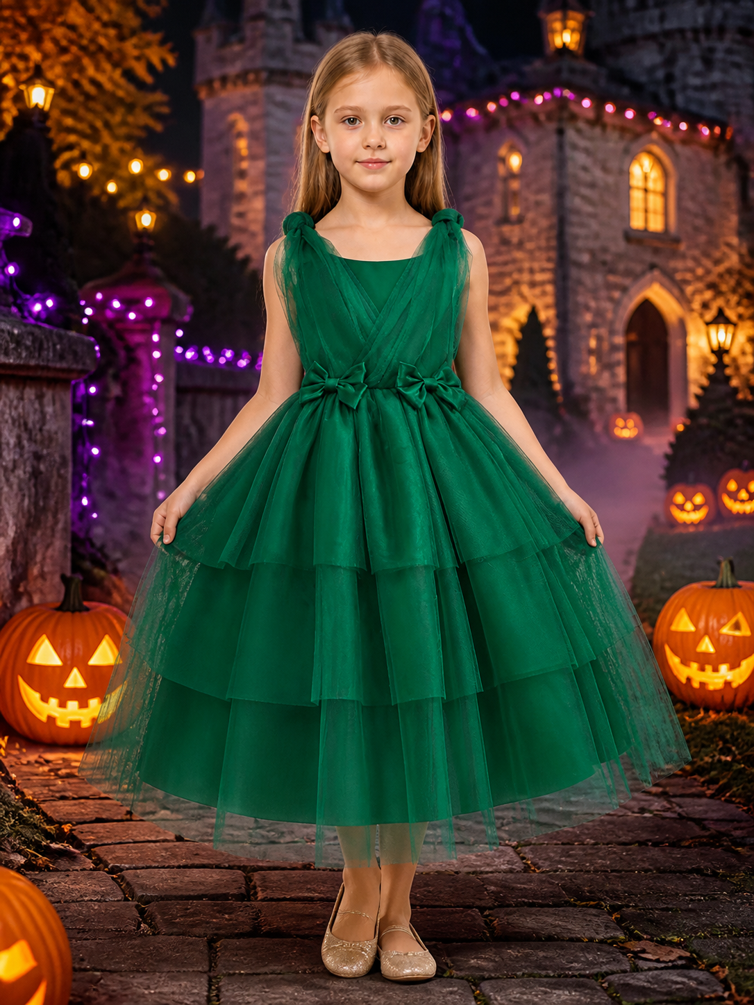 Girls' Dark Green Princess Dress, Sleeveless V-Neck Layered Tulle Gown With Bow Costume Dresses detail 2