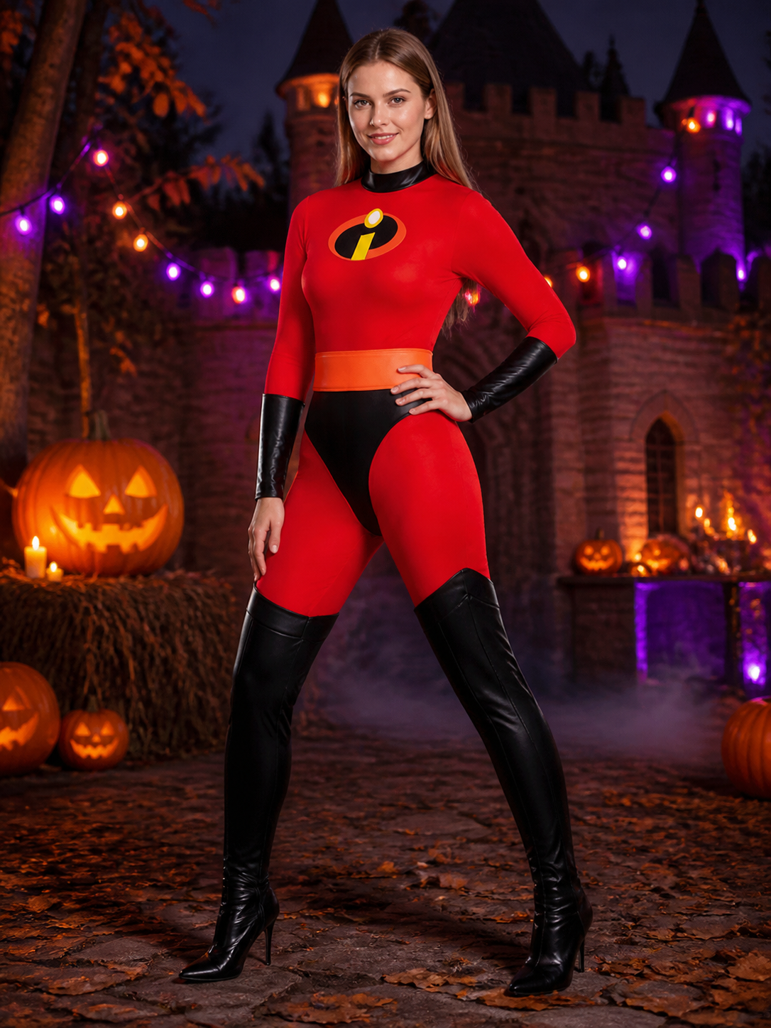 Kids' Superhero-Inspired Red and Black Jumpsuit Costume with Orange Accents Costumes detail 2
