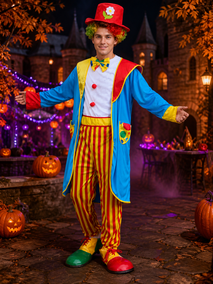 Unisex Clown Costume Set with Red Yellow Striped Jumpsuit, Blue Coat, Hat, Bow Costume Headwear detail 2