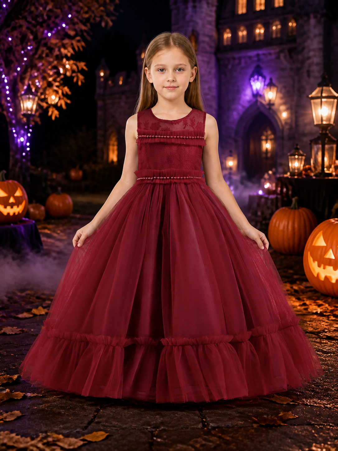 Girls' Burgundy Princess Formal Dress, Sleeveless Lace Bodice Rhinestone Tulle Costume Dresses detail 2