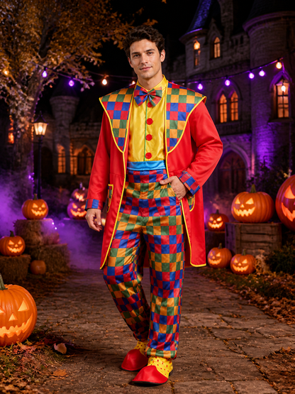 Unisex Clown Circus Costume Set, Multicolor Checkered Coat and Jumpsuit with Bow