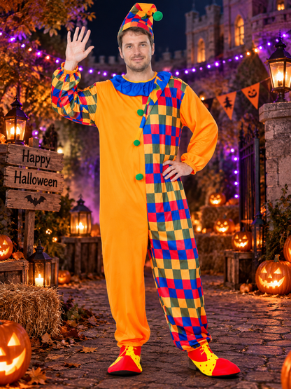 Adult Clown Costume, Orange Jumpsuit, Hat