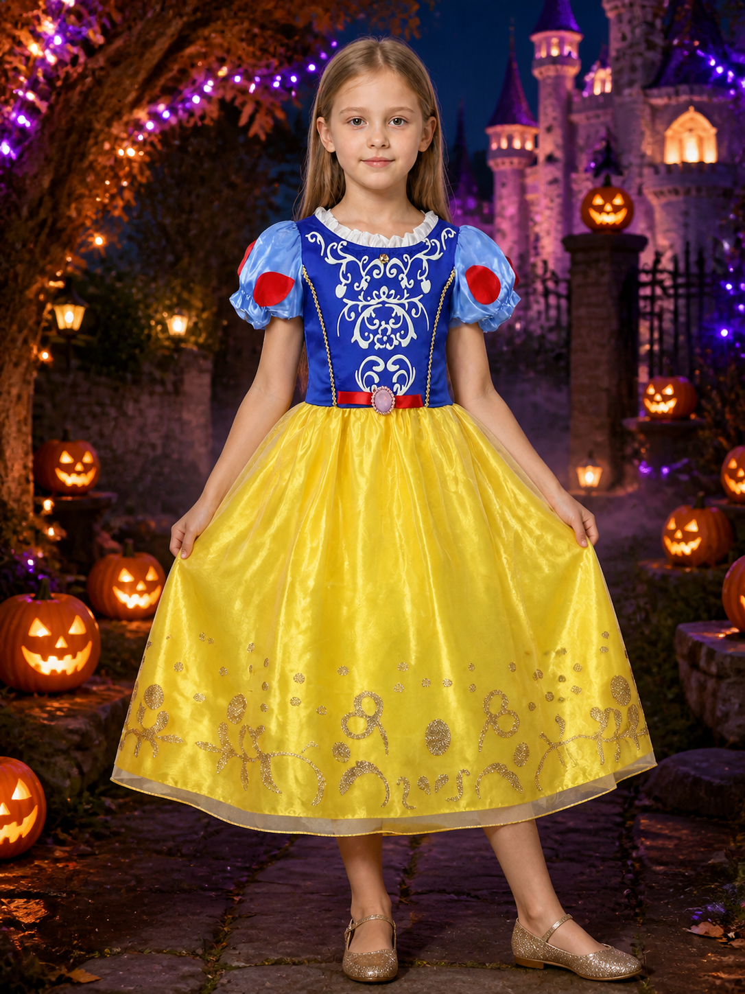 Girls Snow White Princess Costume Dress, Blue Yellow Red Short Sleeve Halloween