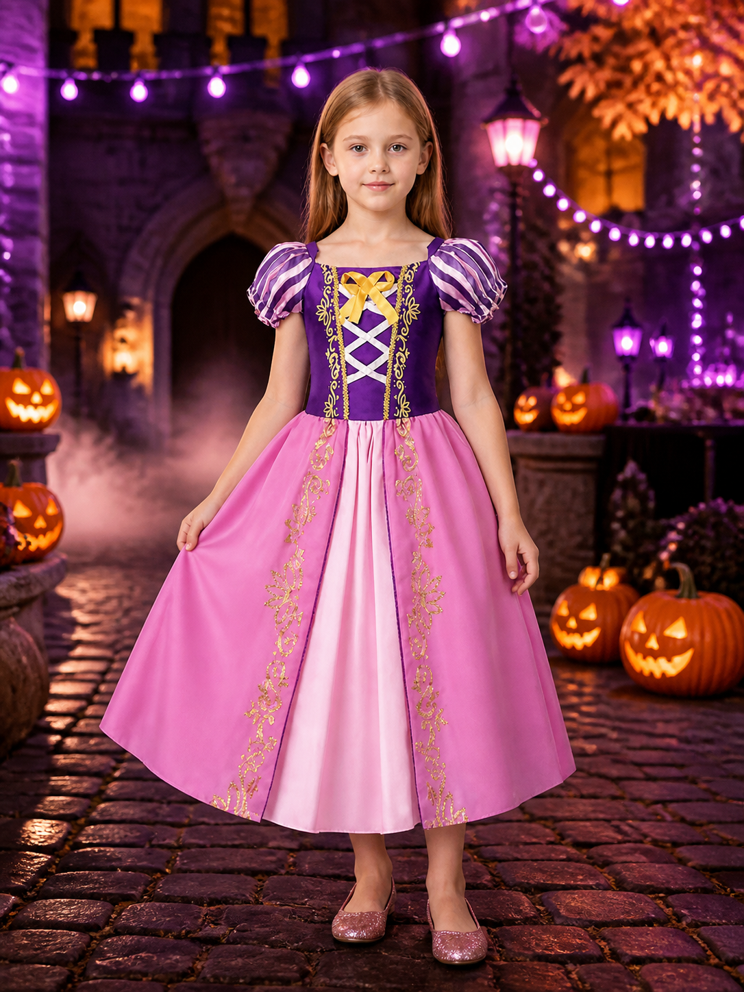 Girls Princess Costume Dress, Purple Pink Puffy Sleeve Halloween Outfit Costume Dresses detail 2