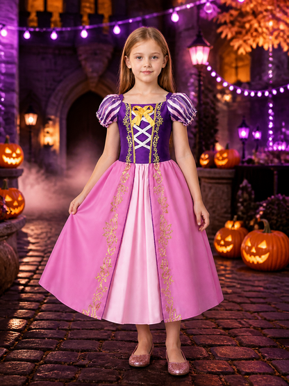 Girls Princess Costume Dress, Purple Pink Puffy Sleeve Halloween Outfit Costume Dresses detail 2