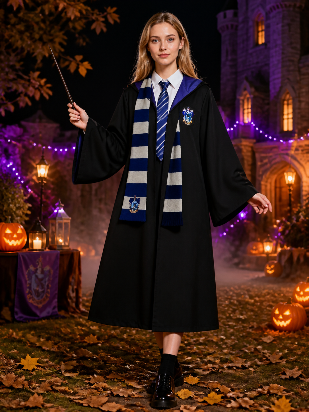 Ravenclaw Hooded Wizard Robe Costume Set with Striped Tie and Scarf, Halloween